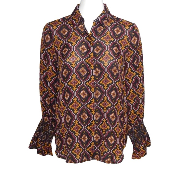 A.L.C. Aubrey Medallion Print Silk Button Down Shirt Top Maroon/Gold Size 4 - Picture 2 of 7